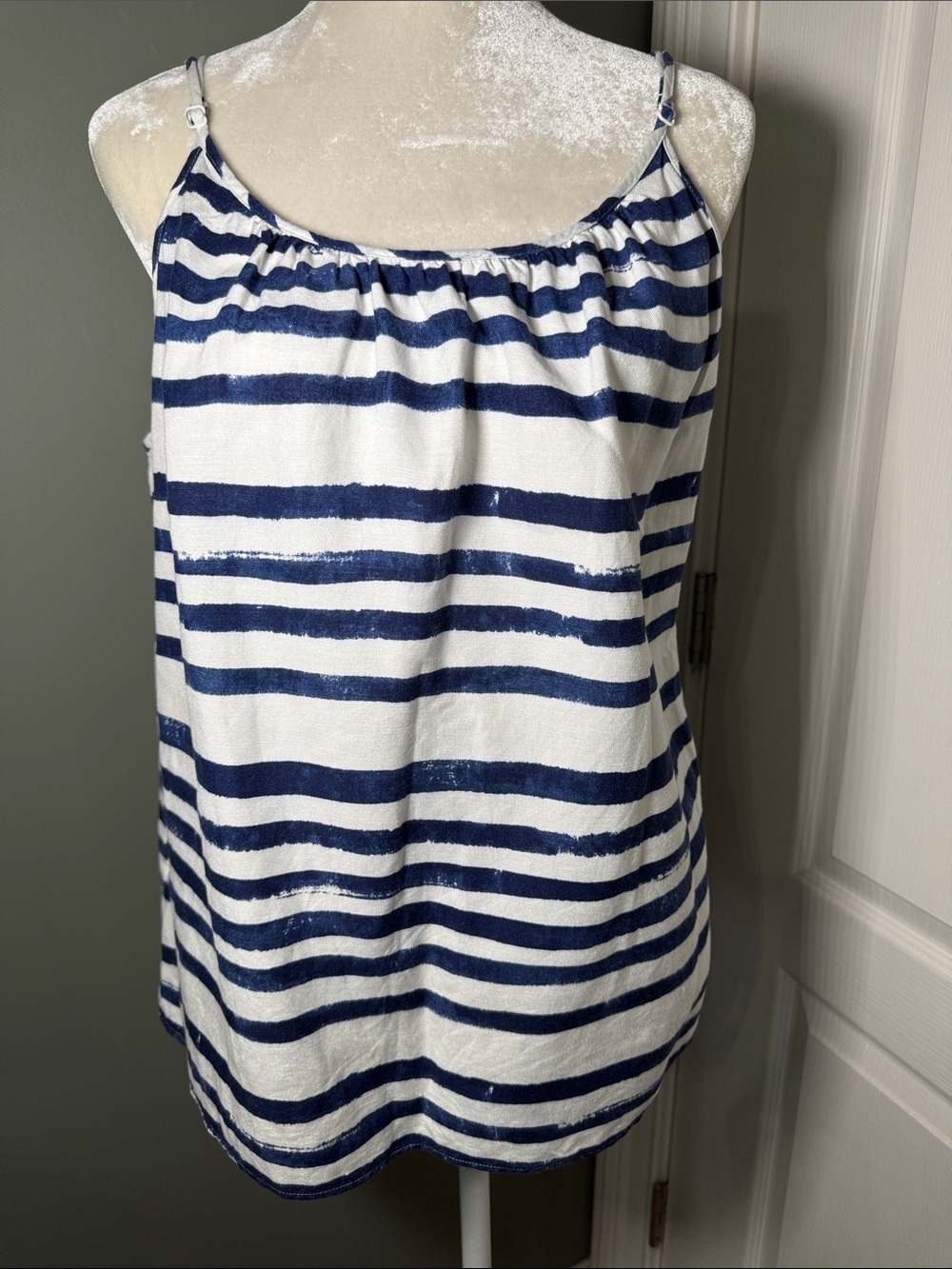 LOFT Blue White Striped Linen Blend Adjustable Strap Tank Top L